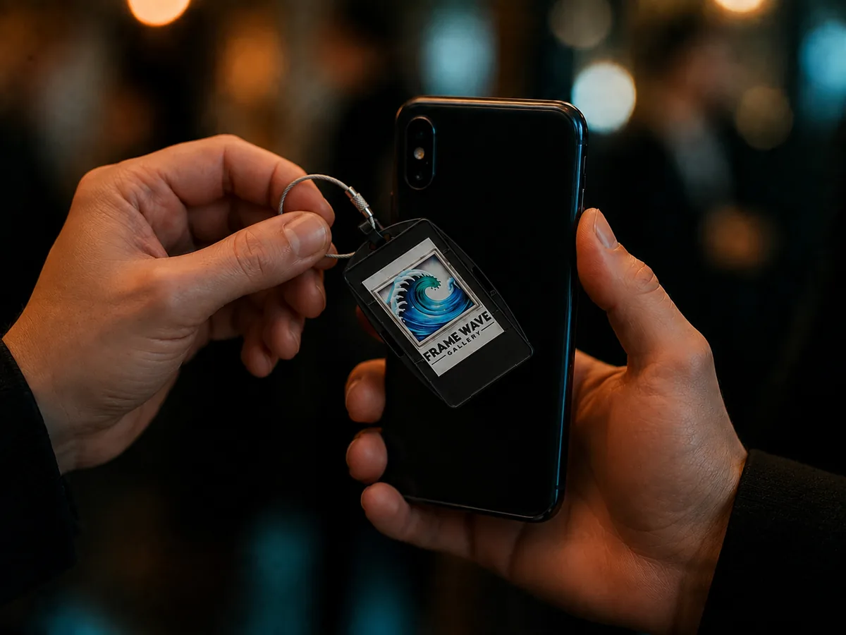 A Frame Wave tag being tapped against a smartphone at a networking event