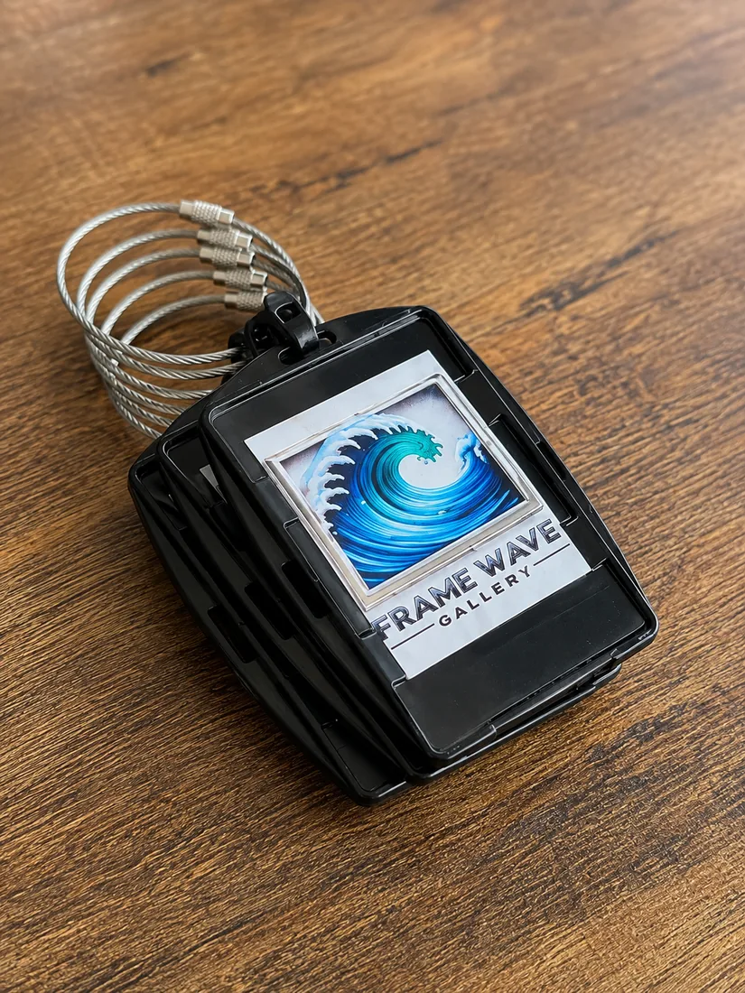 A Frame Wave tag on its cable loop resting on a desk beside a phone