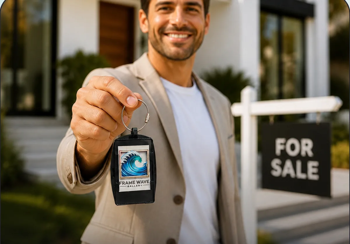 A real estate agent holding a Frame Wave tag outside a home for sale
