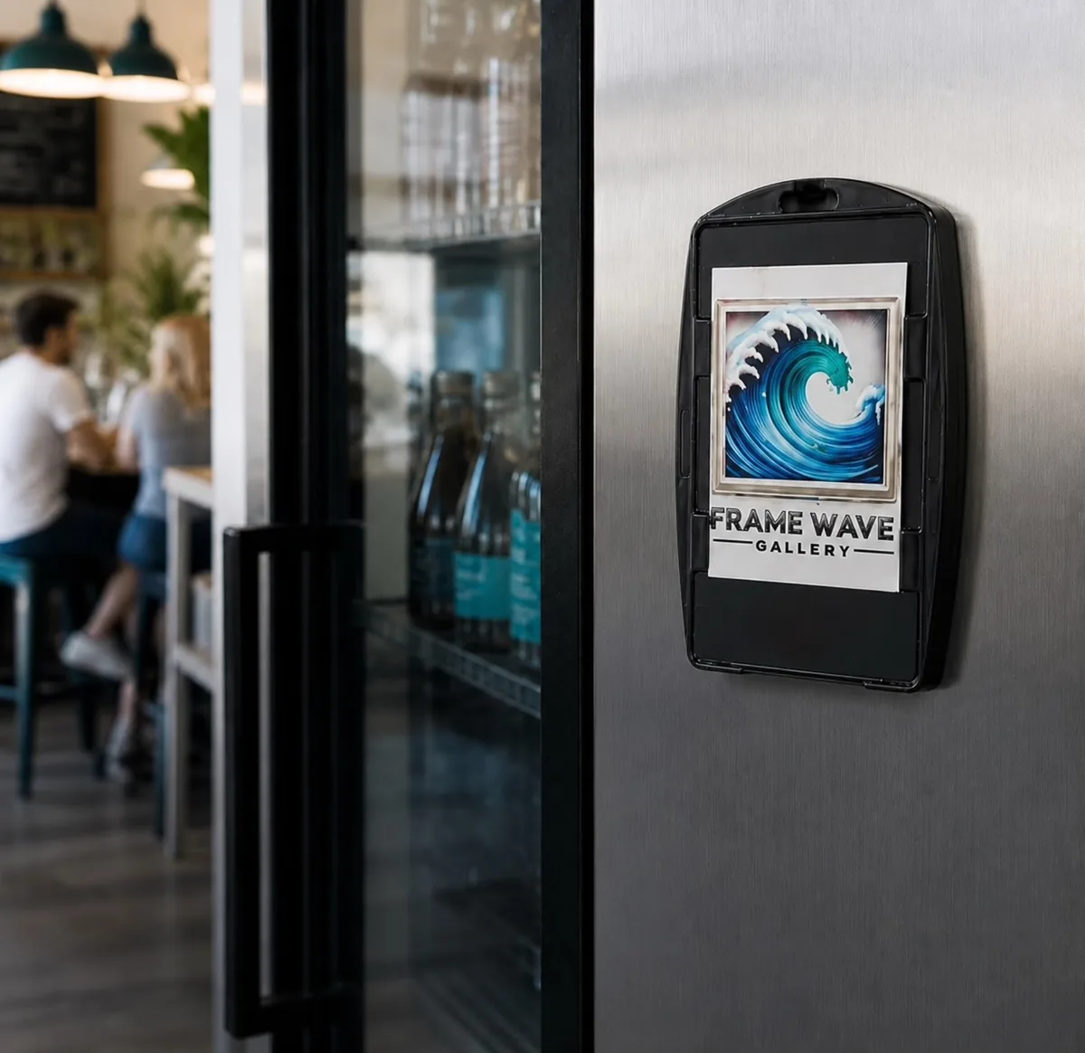 A Frame Wave Tap Magnet on a cafe cooler door