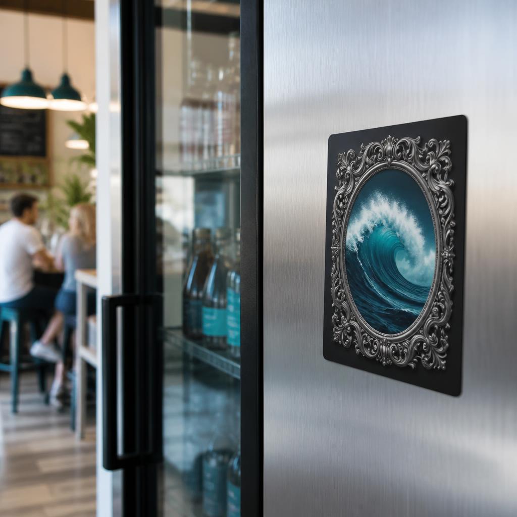 A Frame Wave tap magnet stuck to the stainless steel door of a beverage cooler in a bright modern cafe.